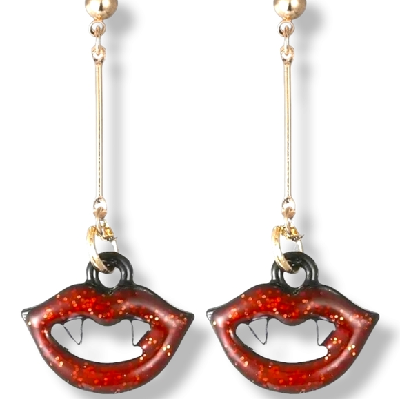 Bundle 2 pairs 1 red 1 pink sparkly crystal vampire teeth lips earrings - Picture 9 of 12